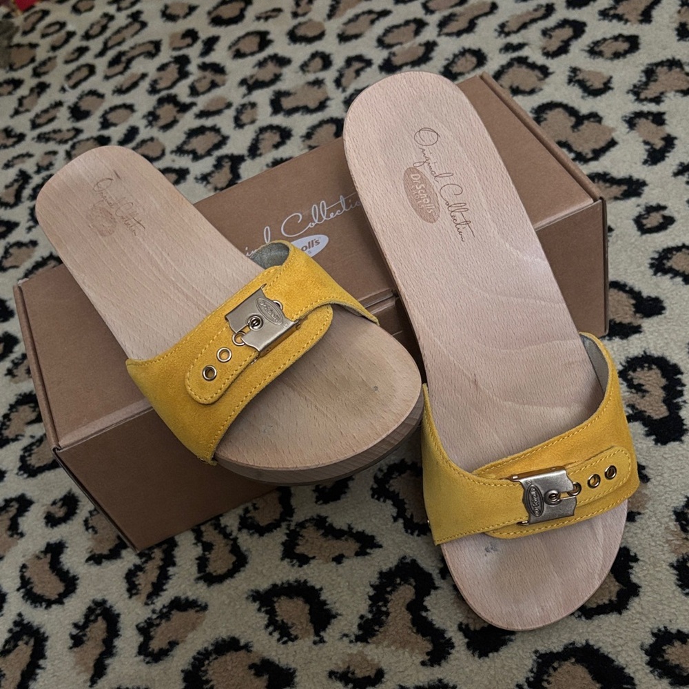 Dr. Scholl's Yellow Suede Slide Clogs with Gold Buckles